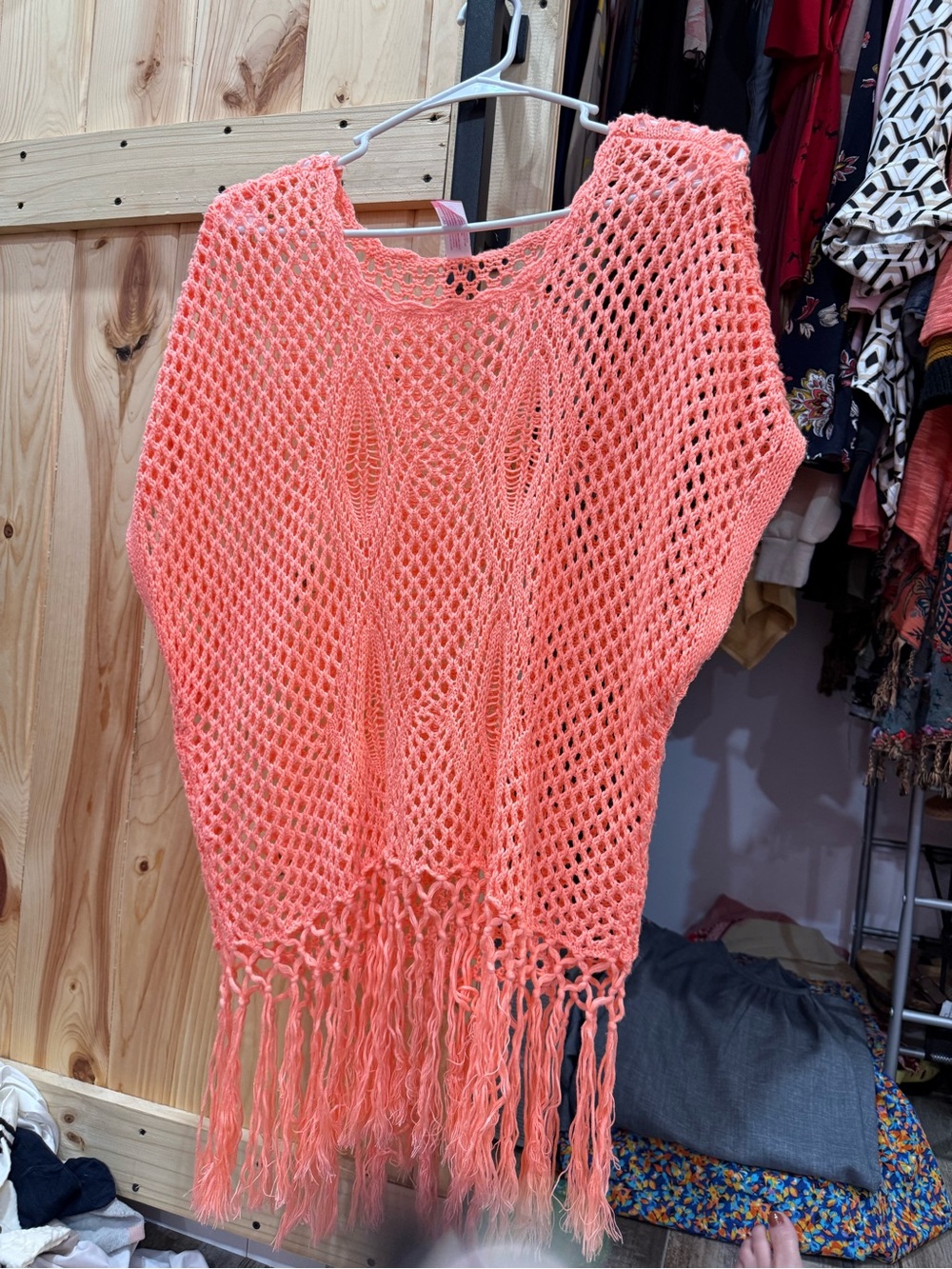No Boundaries Coral Open-Weave Fringe Poncho